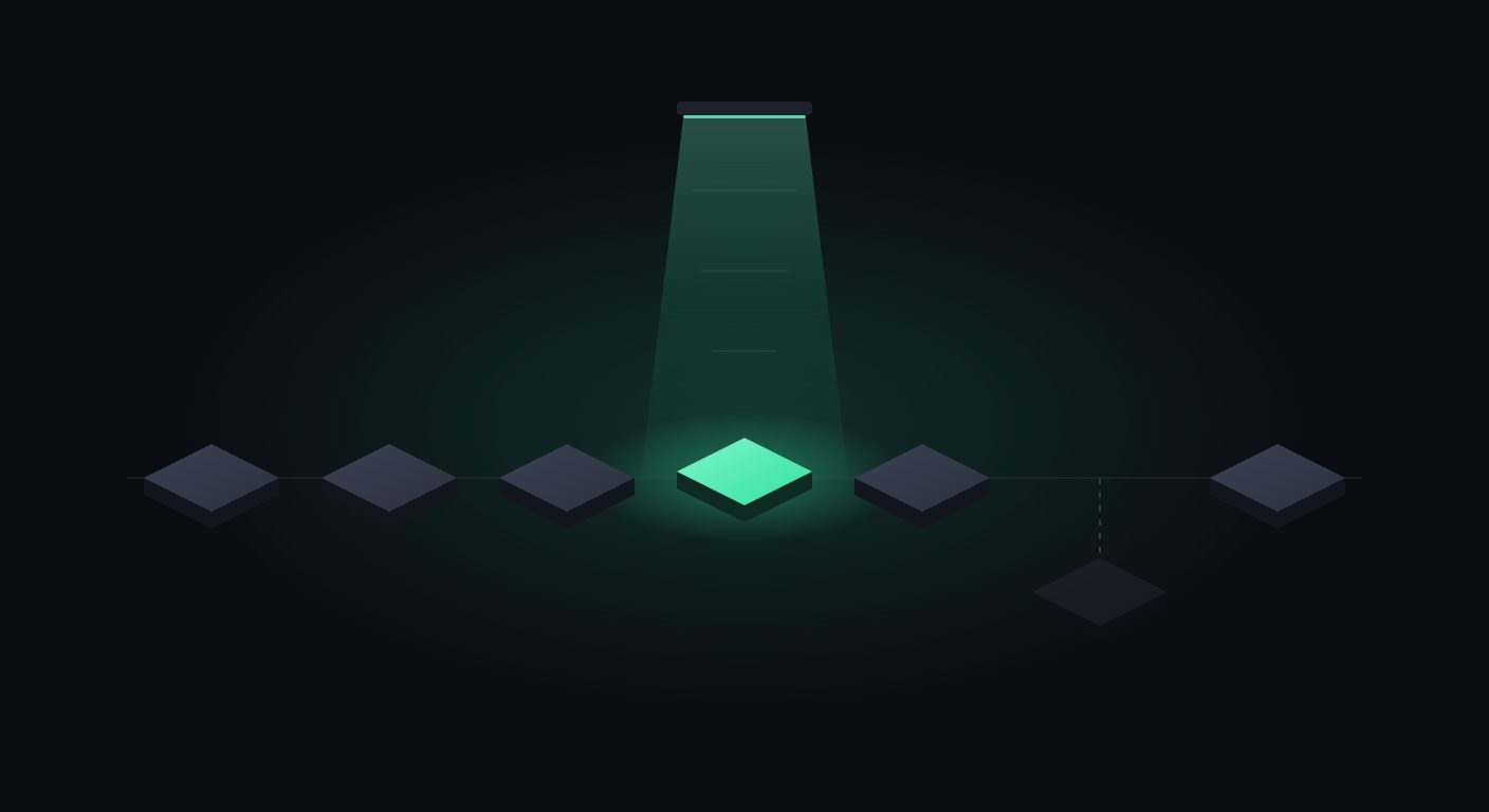 Isometric inspection line: identical parts travel under a scanning beam, one part is lit as it is inspected, and one part is diverted below the line