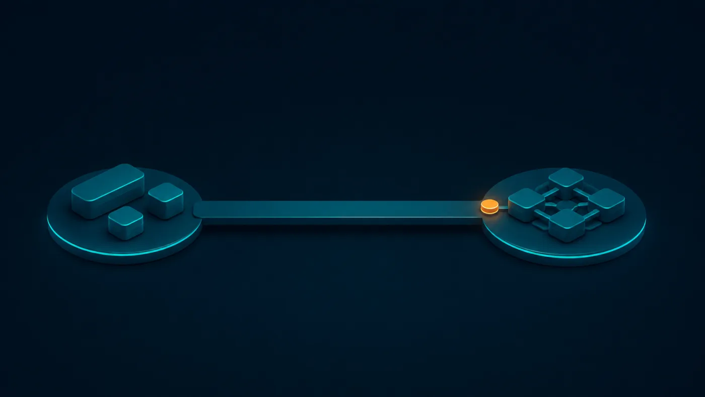 Separate teal blocks join connected modules across a structural bridge with an amber connection point.