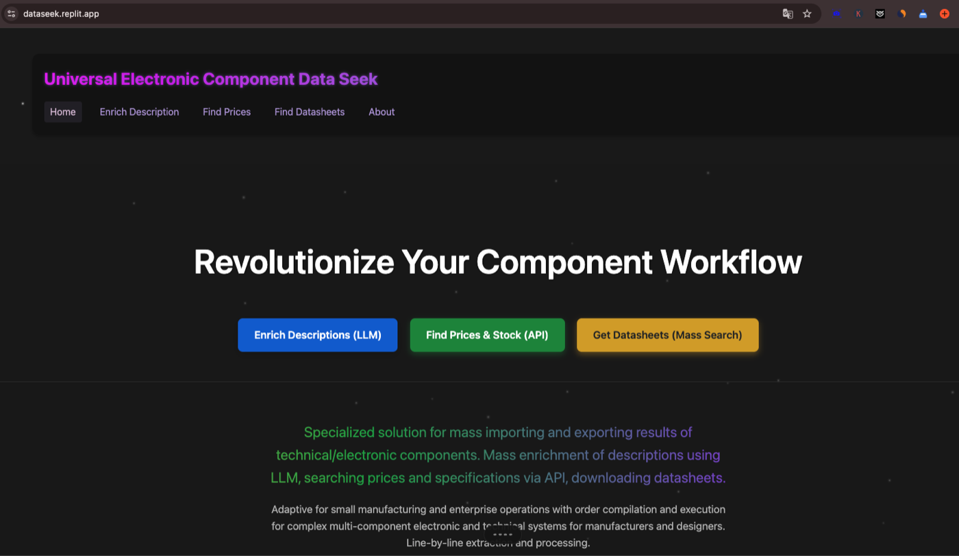 Electronic Component Data Search and Enrichment Workflow — deployed application screenshot