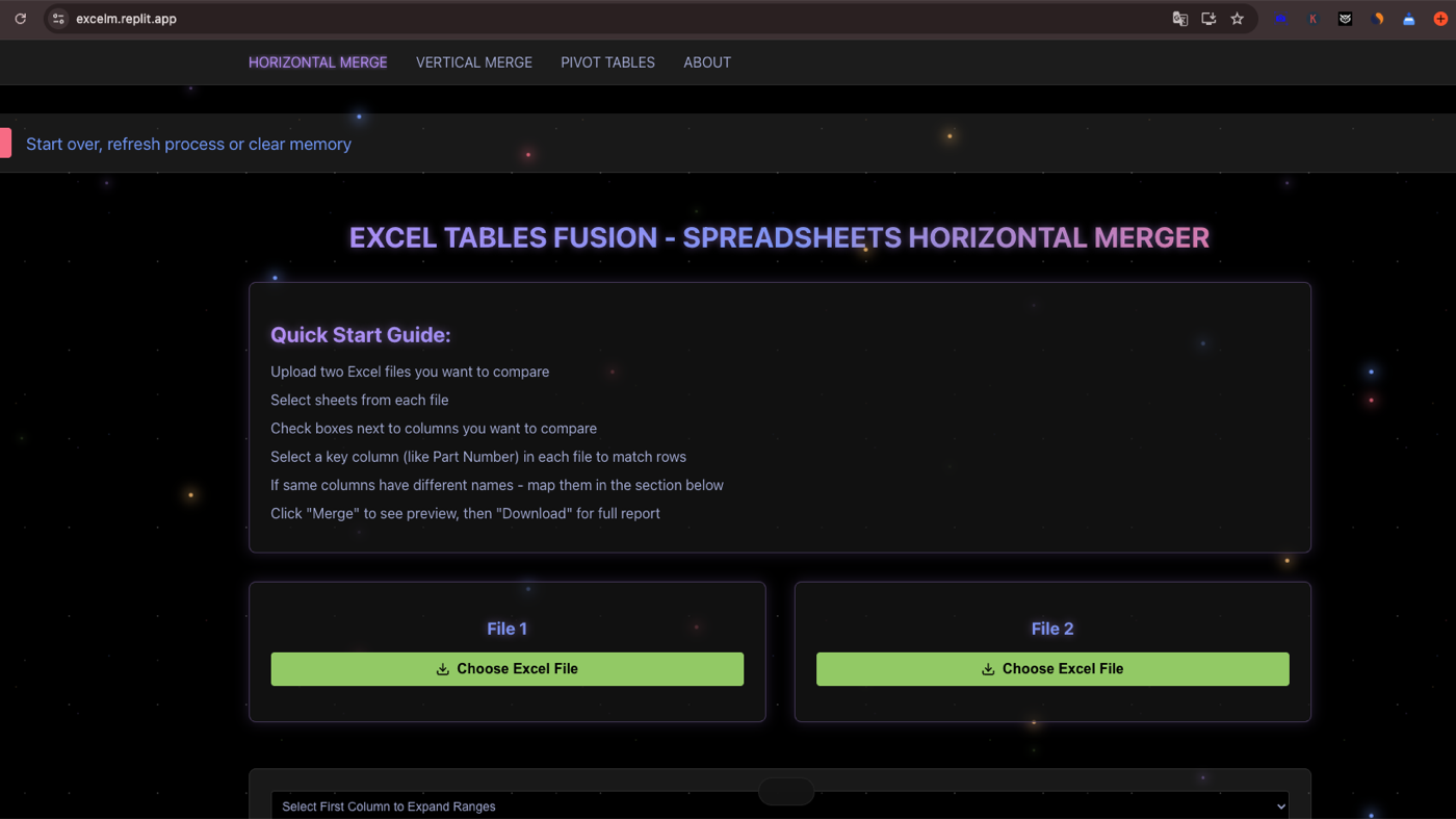 Excel Table Merging and Data Preparation Workflow — deployed application screenshot
