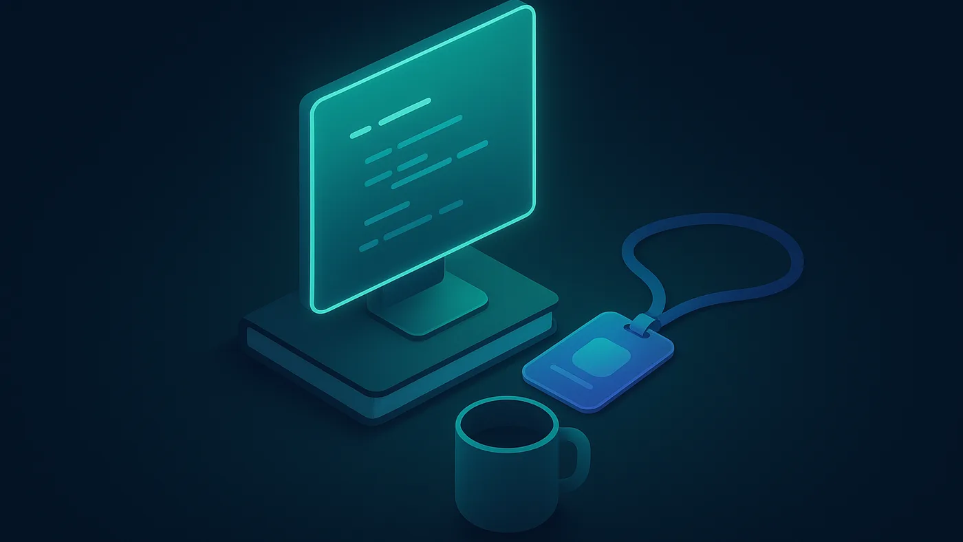 About acty.dev visual with a developer workbench: glowing code screen, closed notebook, ID badge on a lanyard, and coffee mug
