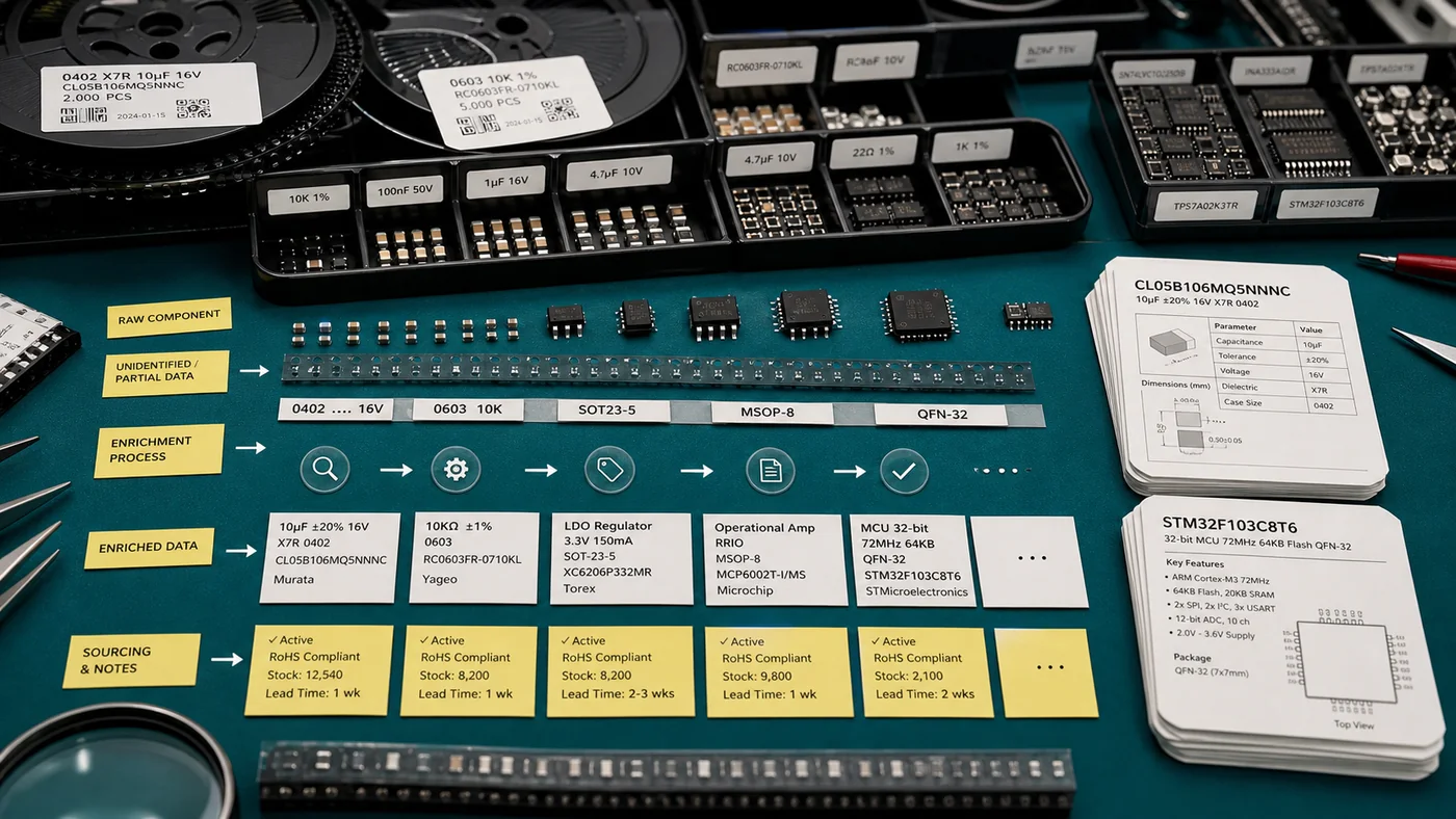 AI data enrichment visual with electronic components, datasheet cards, and normalized labels
