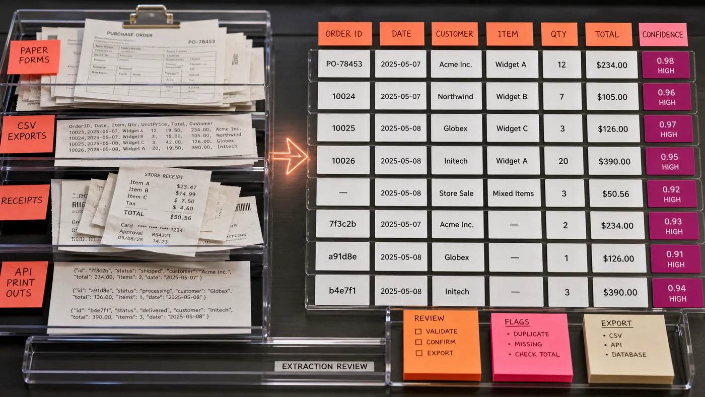 AI data extraction visual with messy source records transformed into structured field cards