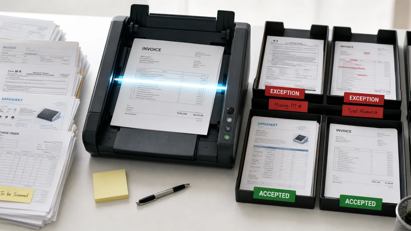 AI document processing visual with scanned forms, review trays, and exception tags