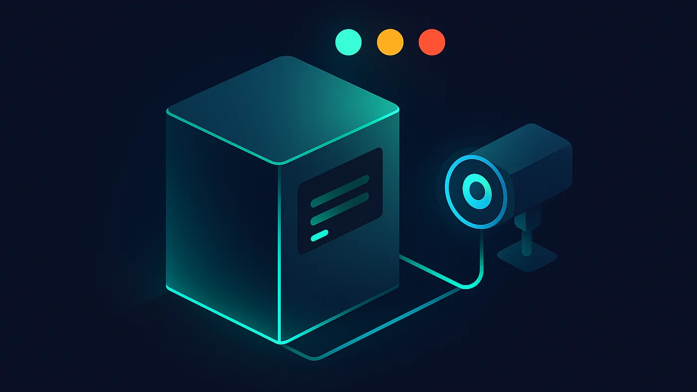 AI equipment monitoring visual with an industrial machine watched by a camera and a floating cluster of machine-state status lights