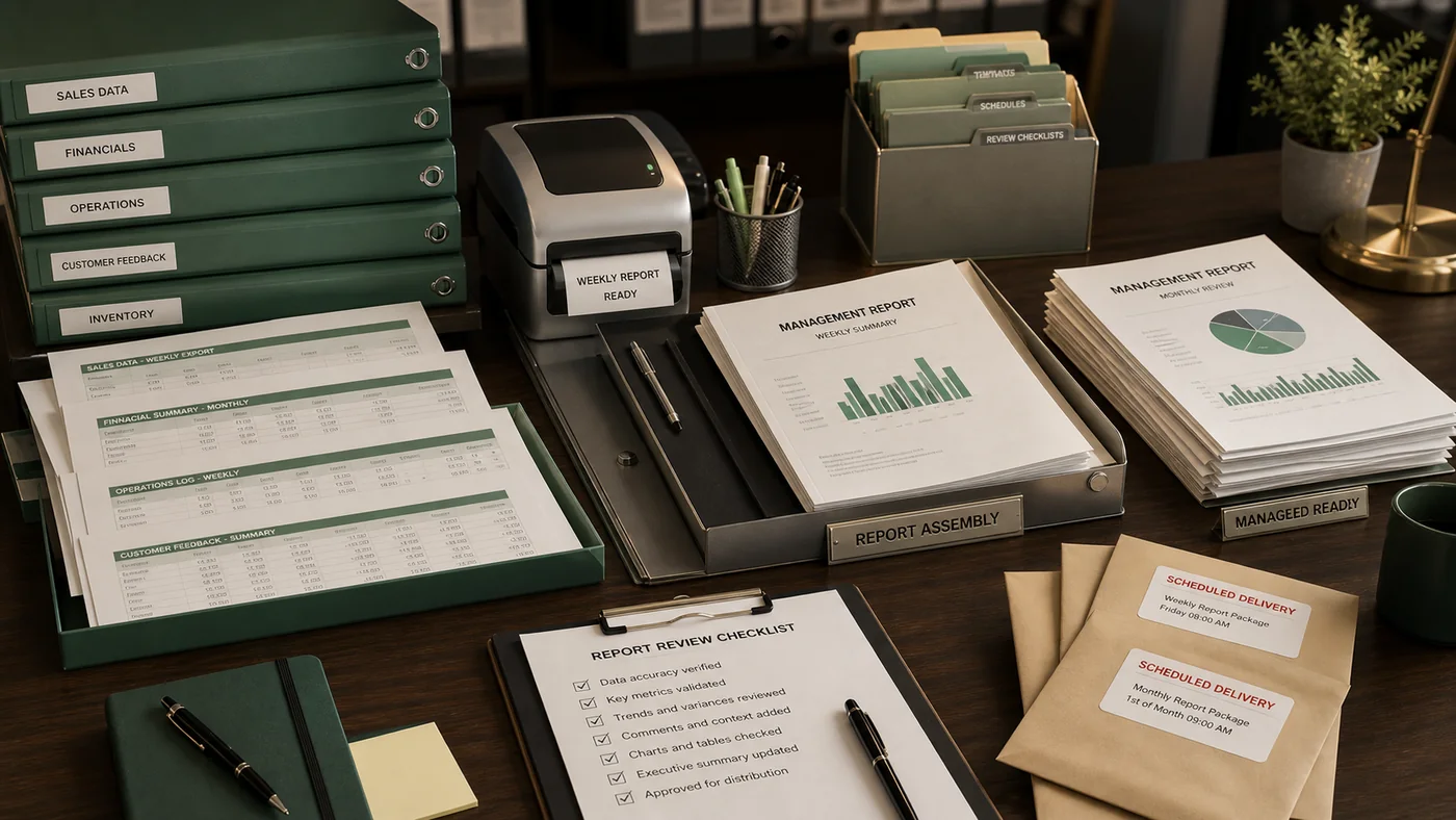 AI reporting automation visual with source sheets, report binders, and review checklist