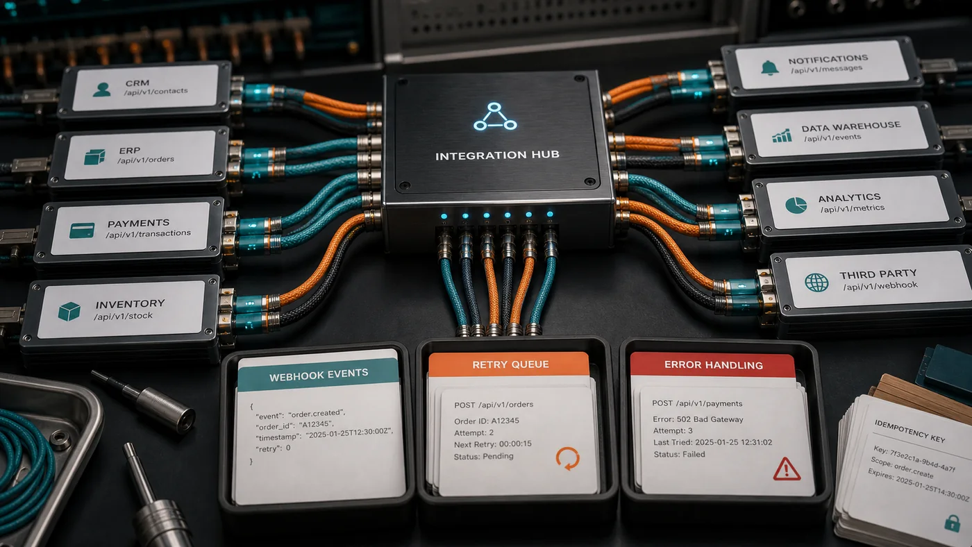API integration service visual with endpoint blocks, fiber cables, retry queue, and error tray