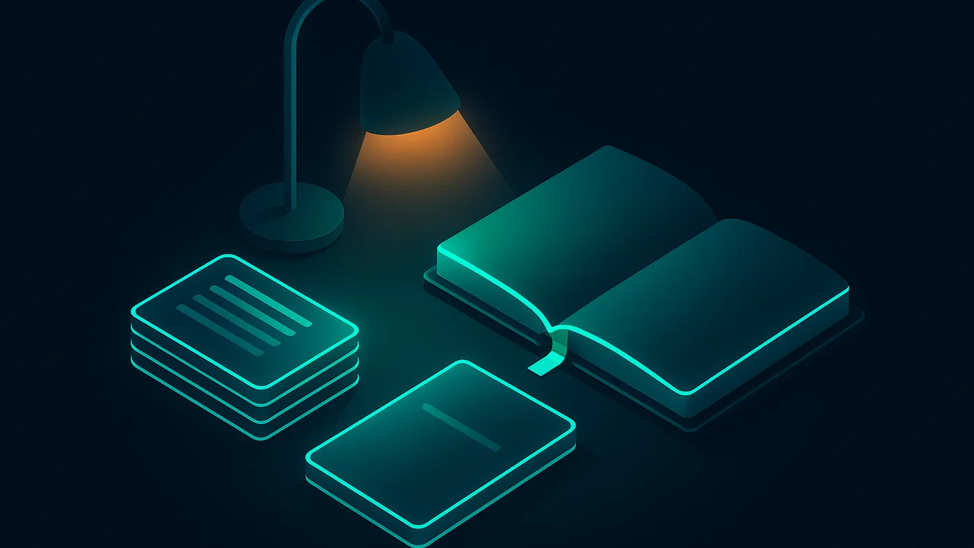 Articles index visual with a fanned stack of article cards, an open bookmarked journal, and a reading lamp