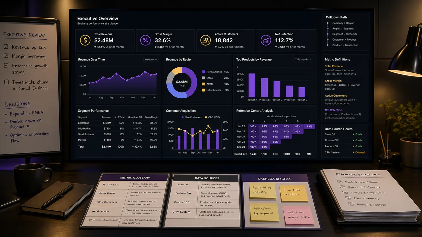 Business dashboard development visual with KPI panels, metric definitions, and data-source cards