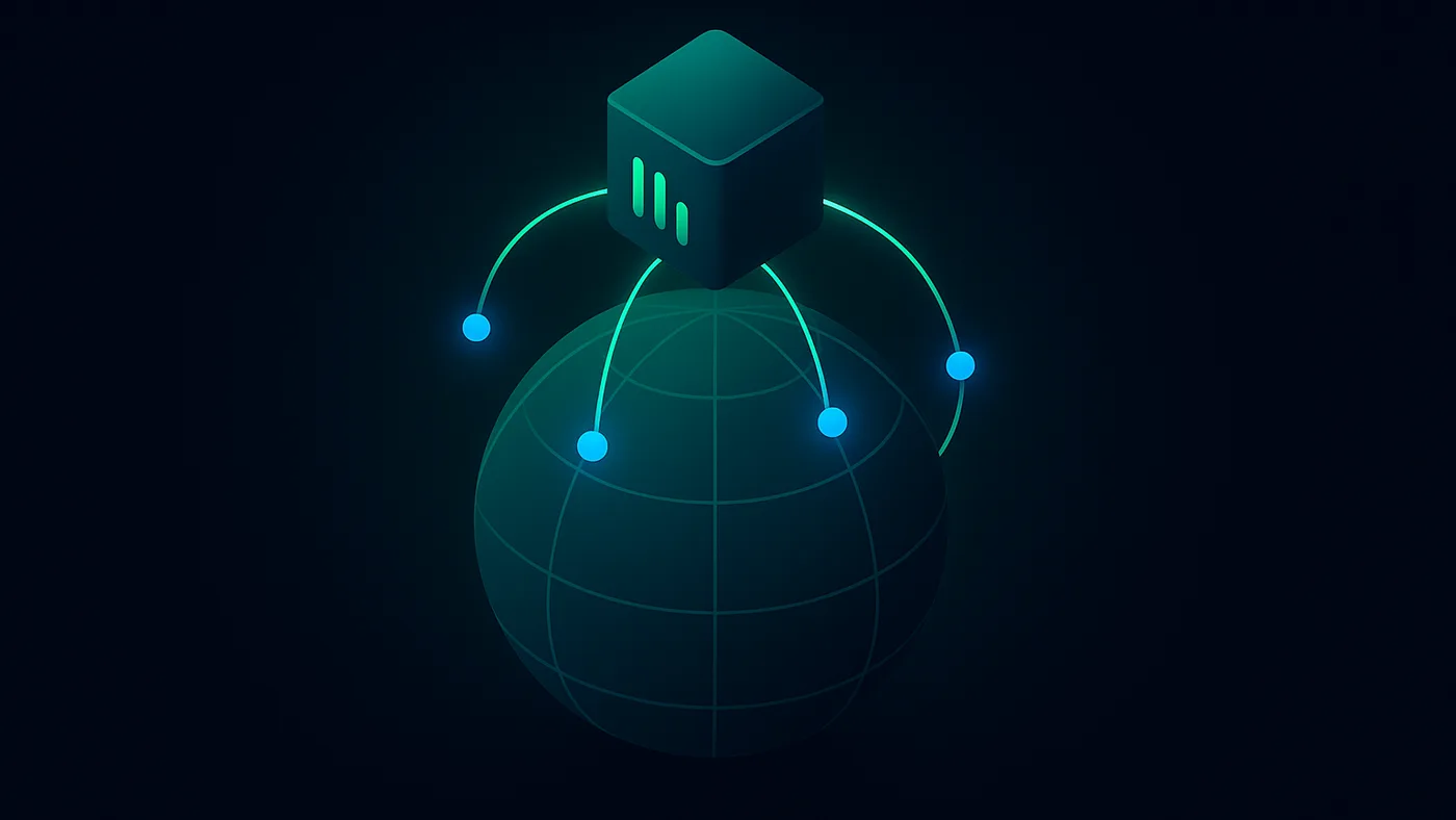 Cloudflare deployment visual with a glowing globe covered in pulsing edge nodes connected back to an origin server