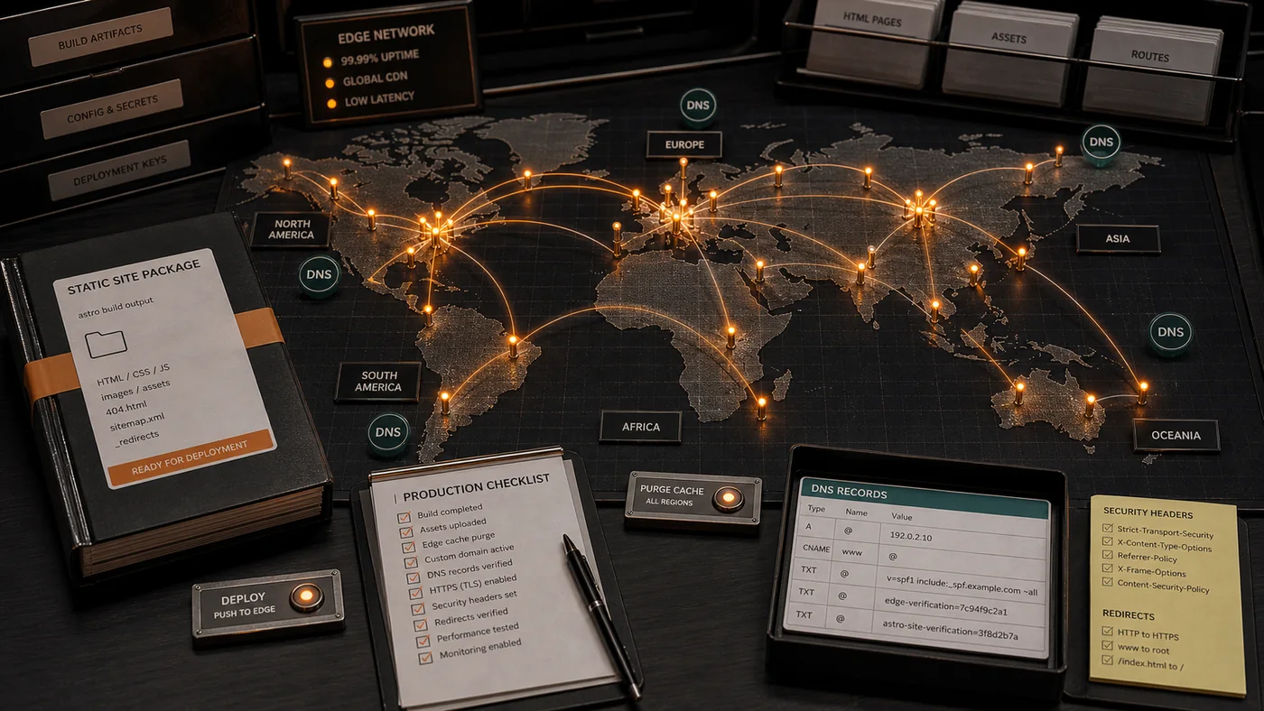 Cloudflare deployment service visual with edge-node map, DNS cards, and deployment checklist