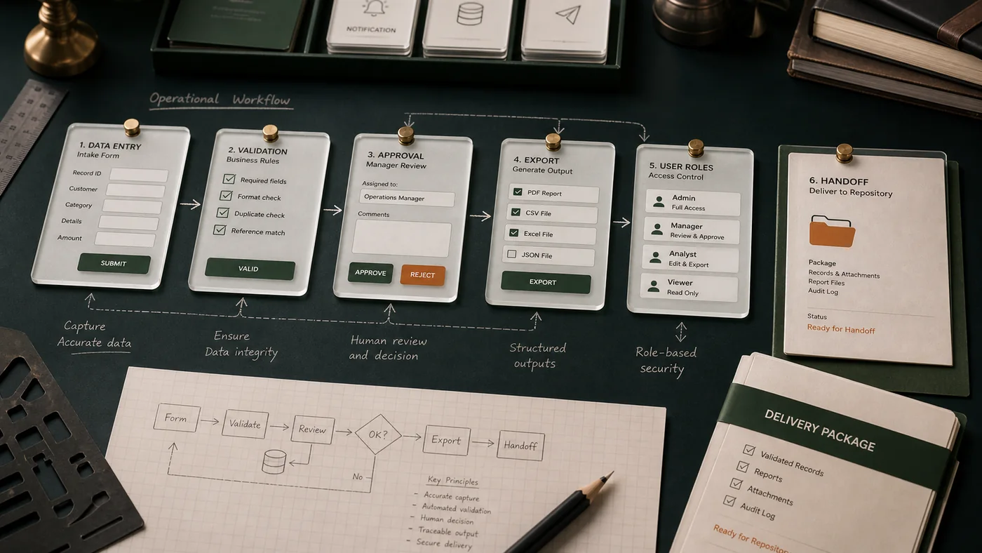 Custom software development visual with tailored workflow tiles and handoff packet