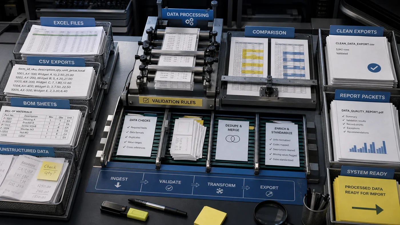 Data processing software visual with spreadsheet stacks, merge trays, and validated exports