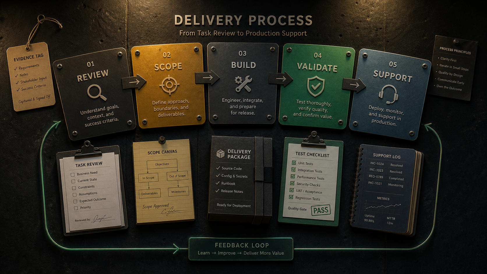 Implementation process visual with review, build, deploy, and support stages