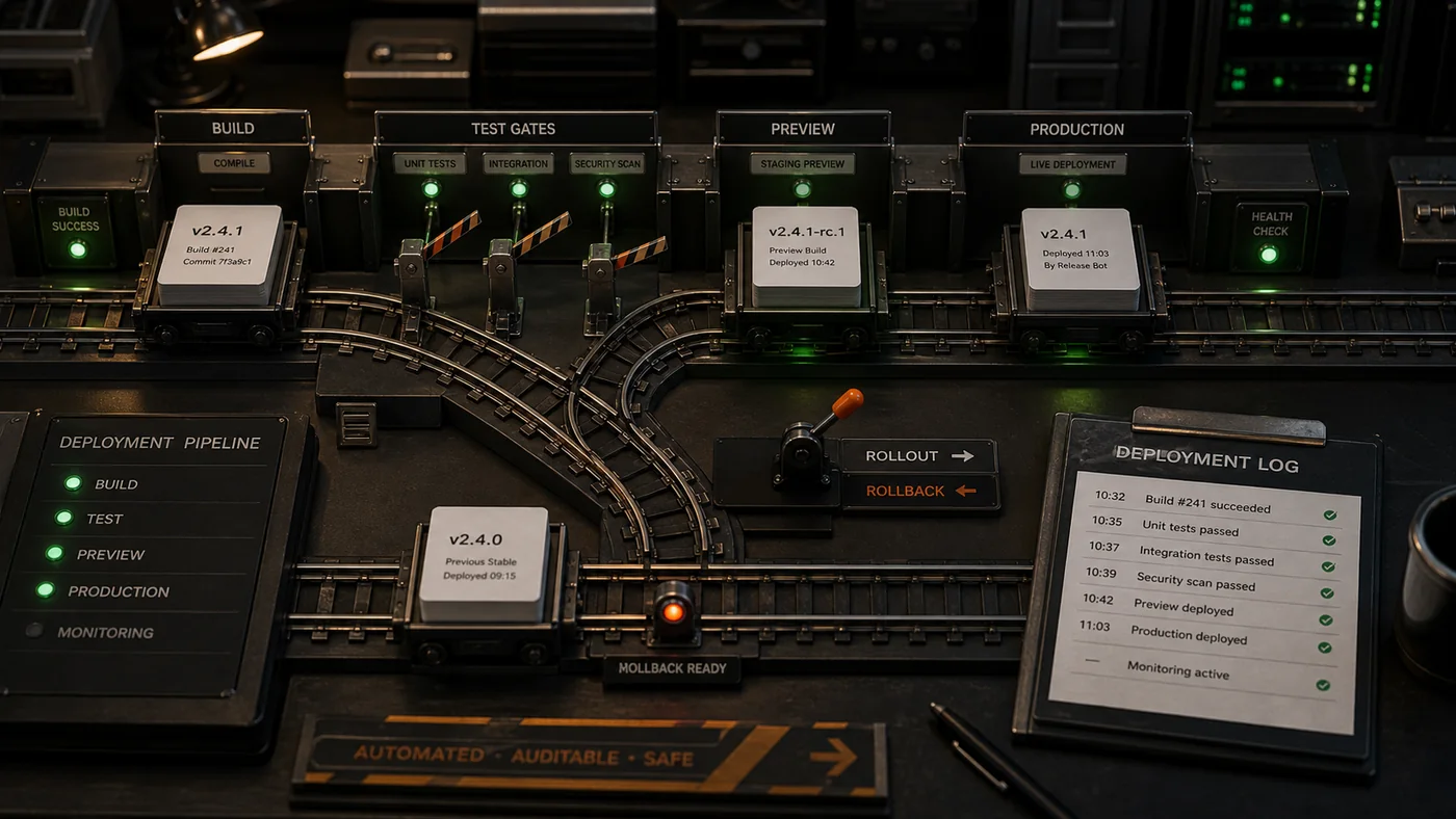 DevOps-enabled delivery visual with release tracks, build packages, gates, and rollback switch