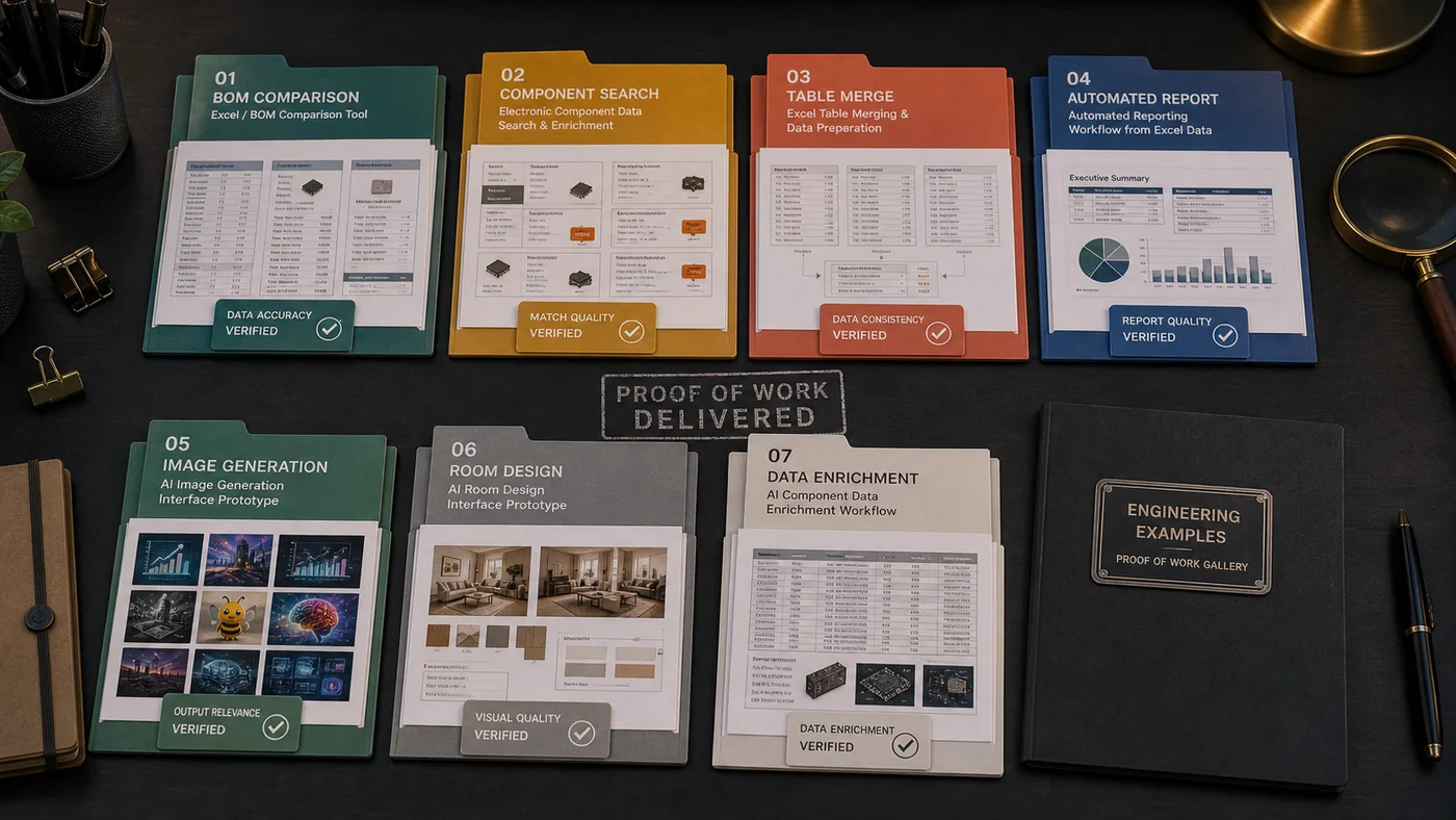 Engineering examples gallery visual with case-study folders, evidence stamps, and proof artifacts