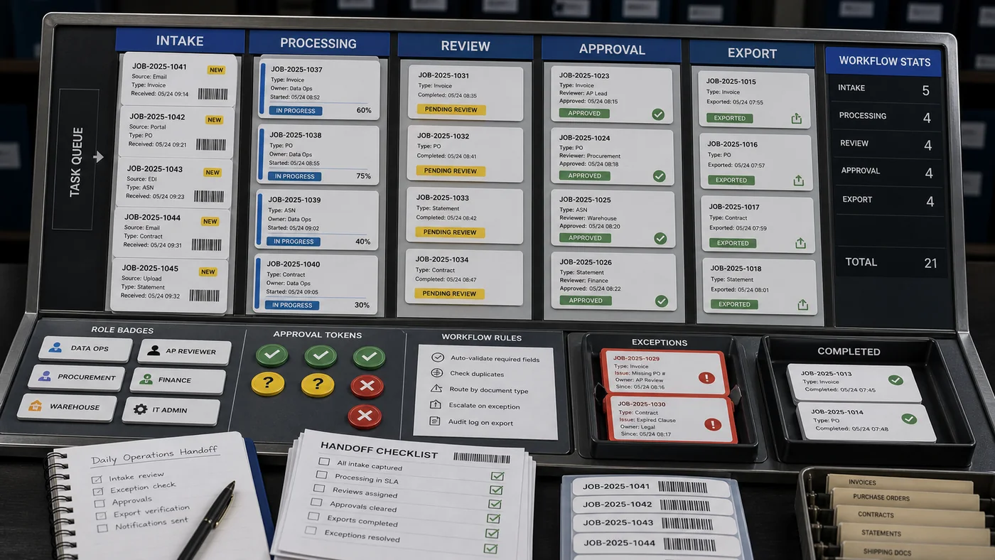 Internal tools development visual with task queues, approval tokens, and workflow states