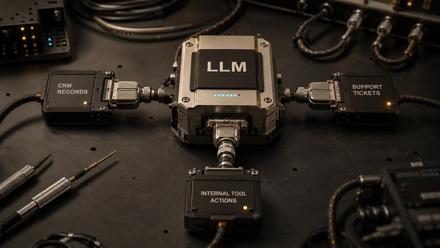 LLM integration service visual with model module, adapter ports, and test probes