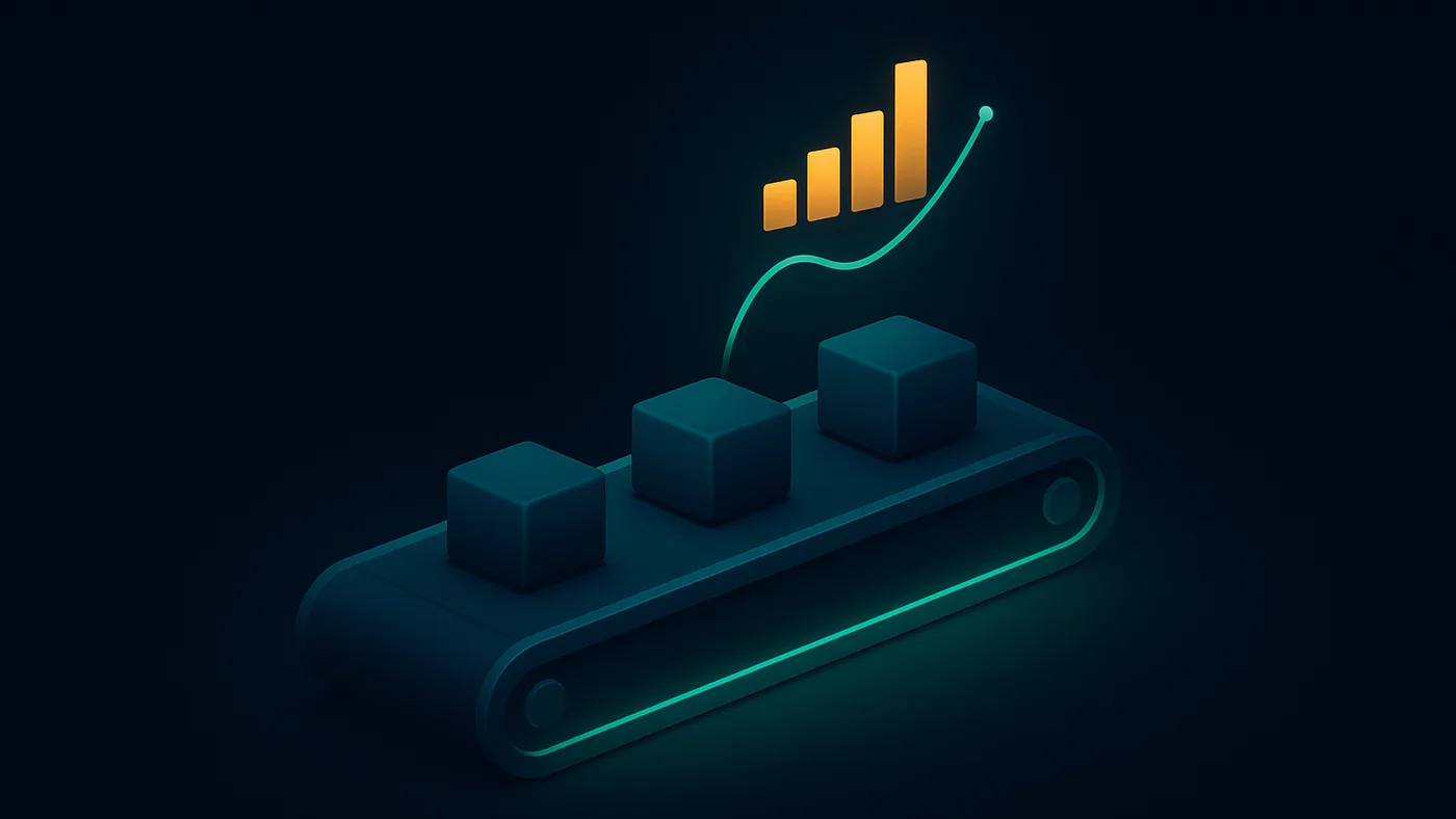 Manufacturing analytics visual with a production conveyor belt feeding live data into a floating bar and line chart cluster