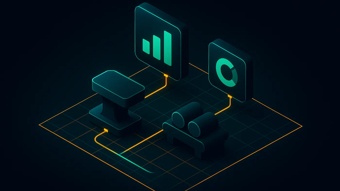Manufacturing software visual with a factory-floor blueprint plane and modular software panels docking into machine slots