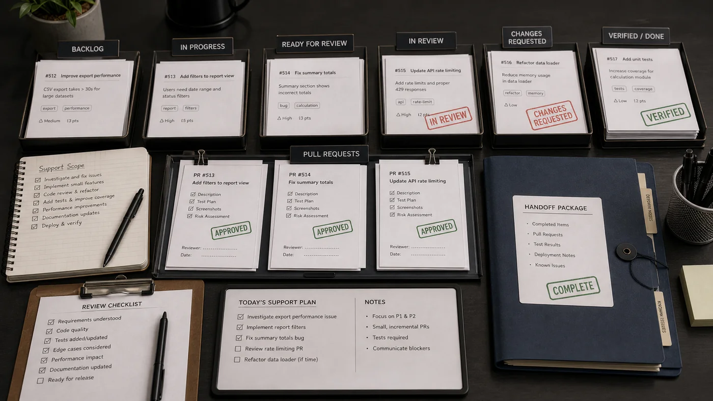 Outsourced development support visual with scoped task cards, review stamps, and verified queue