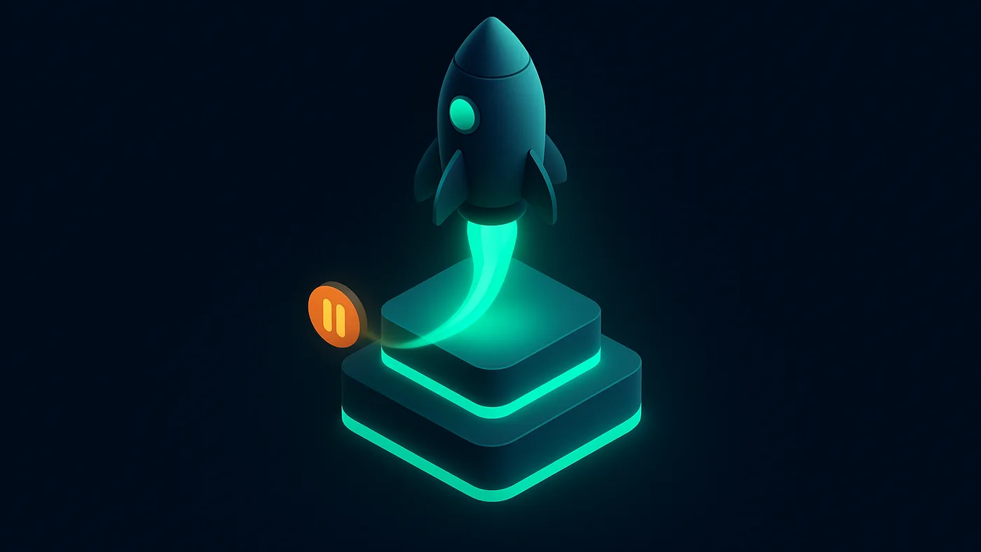 Production release process visual with a rocket launching from a staged multi-tier platform beside a rollback checkpoint marker