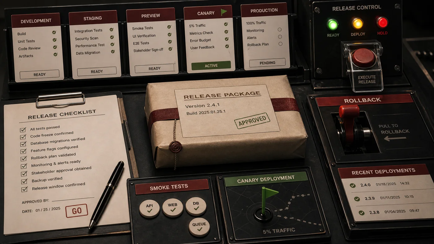 Production release process visual with checklist, environment cards, smoke-test tokens, and rollback lever