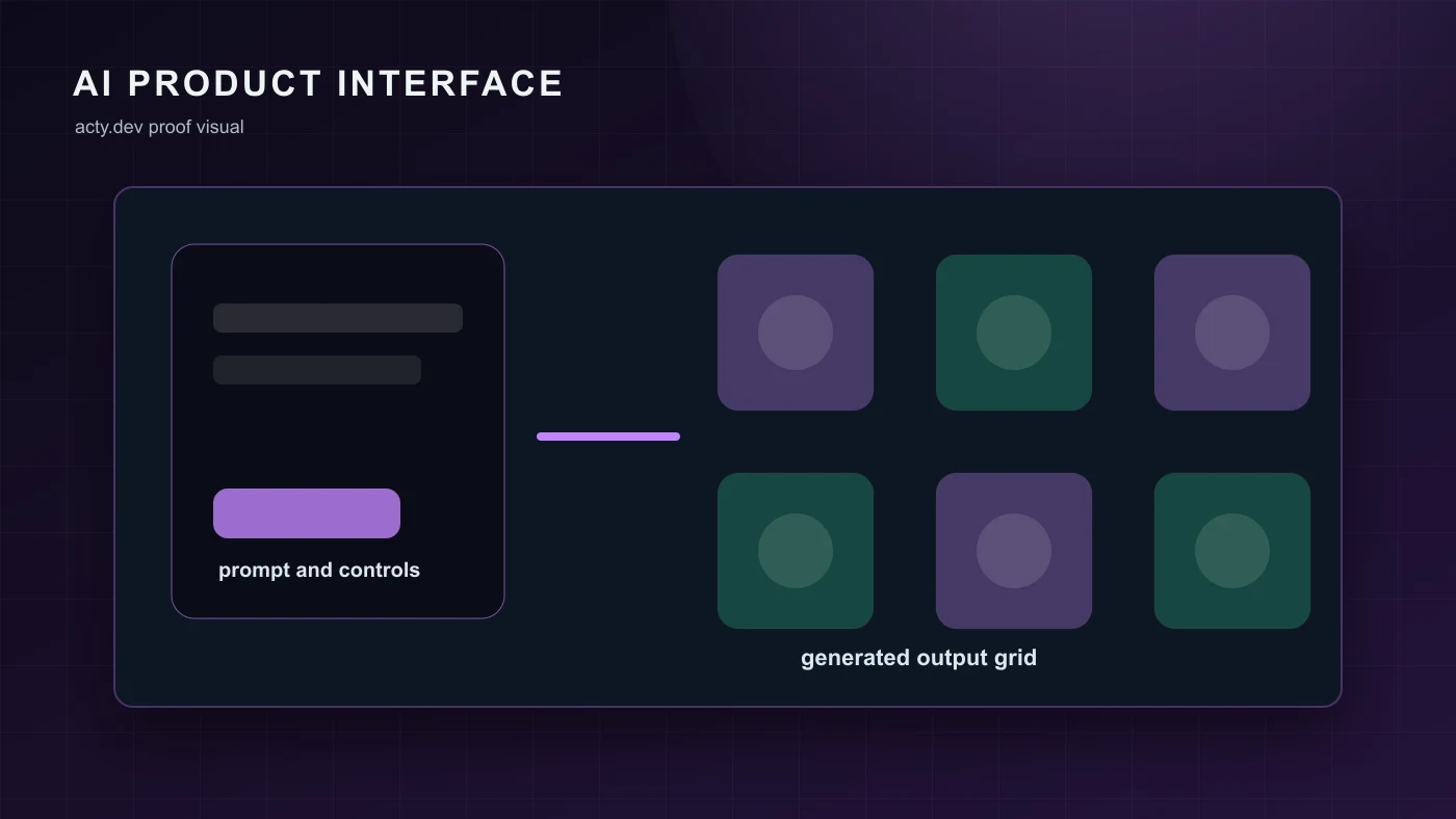 AI product interface prototype visual with prompt console, API response state, and generated output grid