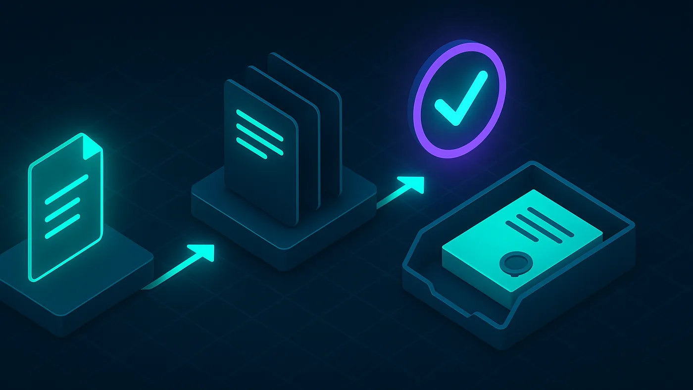 Document-preparation SaaS proof visual with a customer request intake, an operator review queue, and a finished document delivery tray