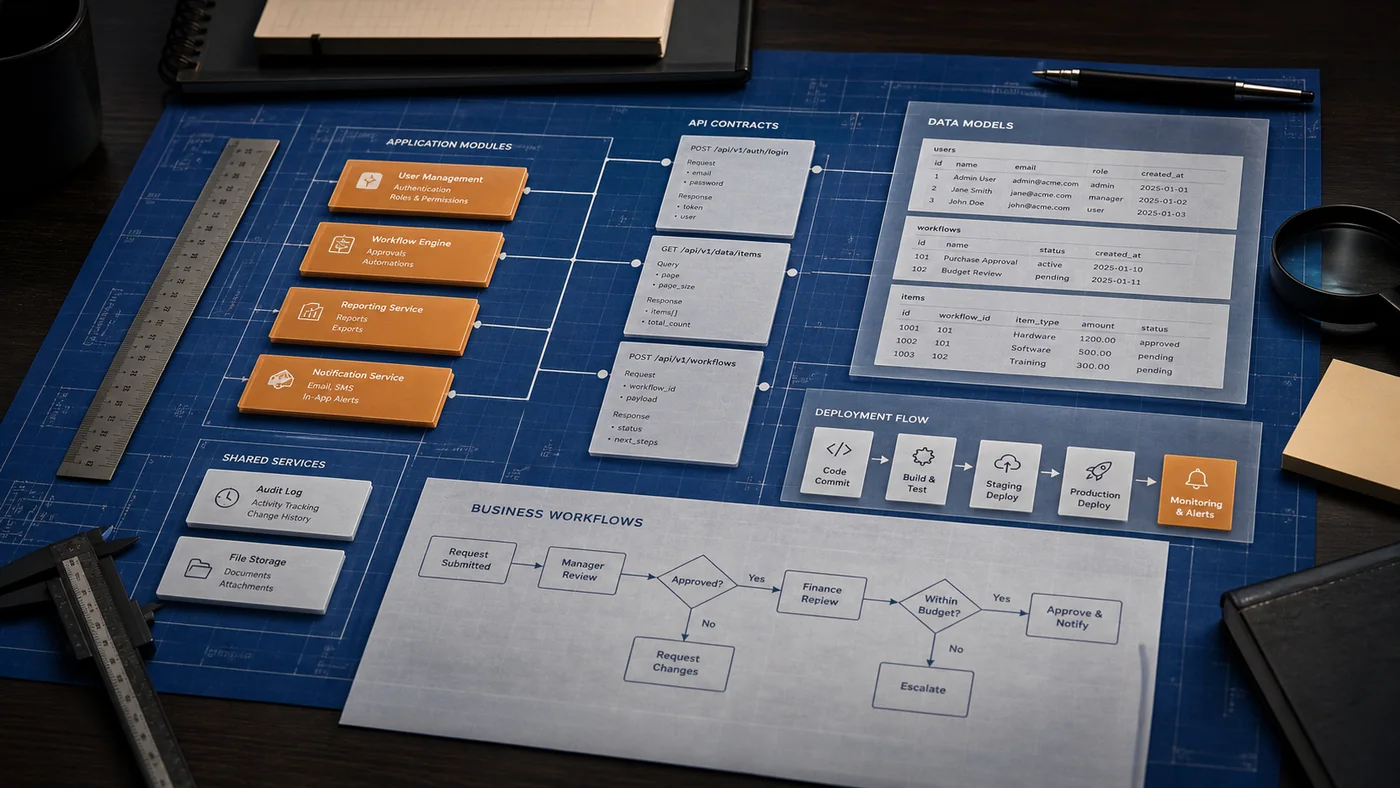 Software development service visual with modular business software blocks and data contracts
