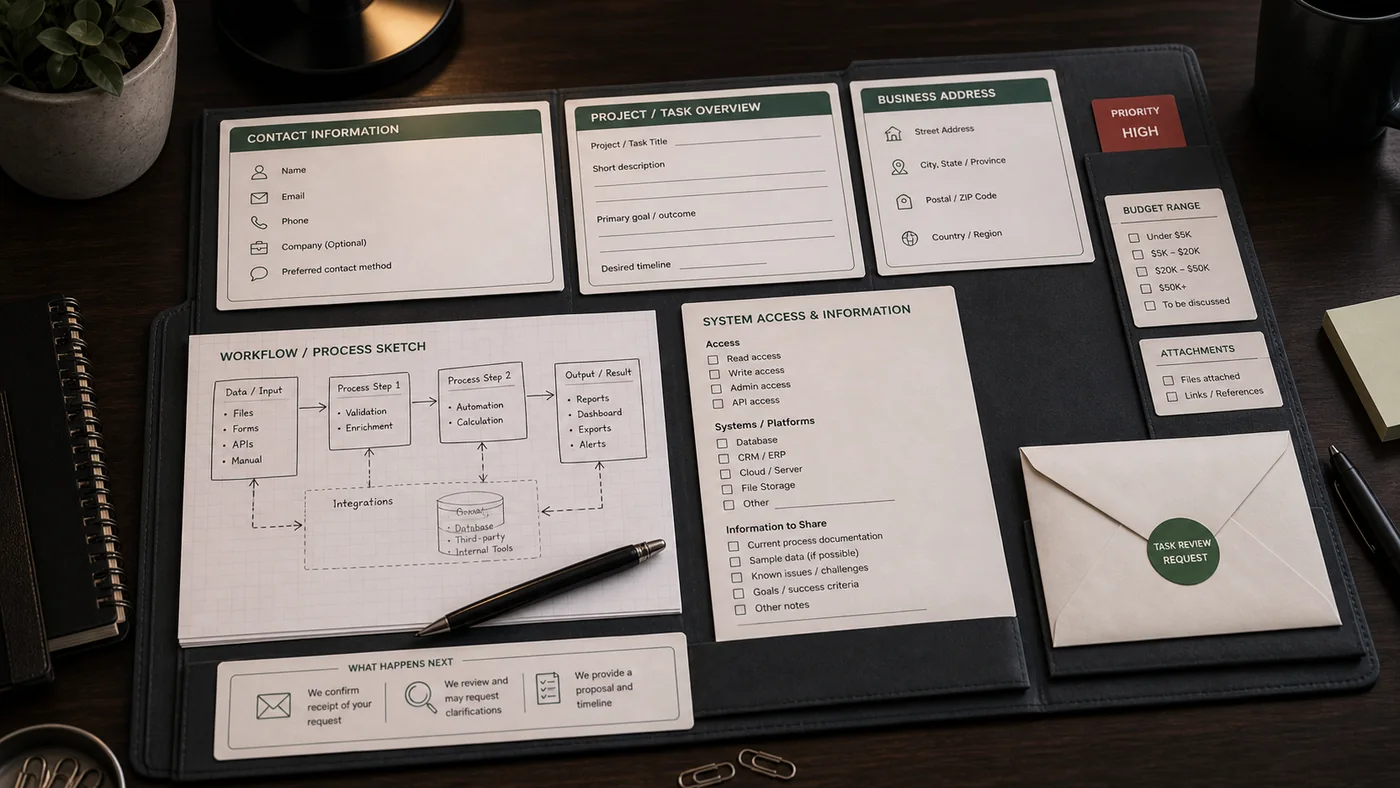 Task review contact visual with intake packet, checklist, and reply envelope